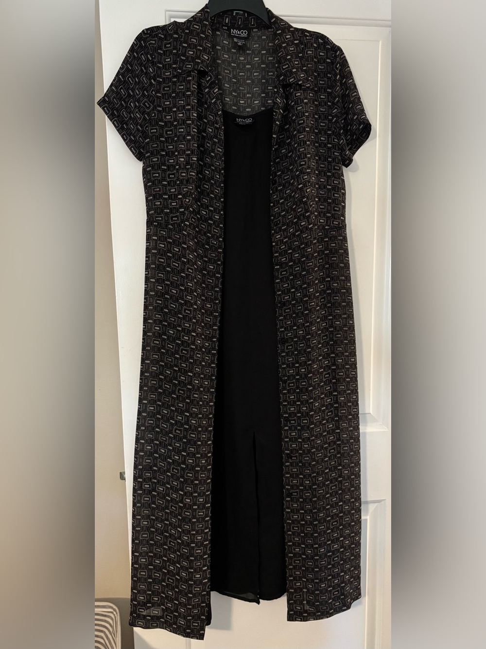 New York & Company Black Patterned Button-Down Maxi Dress with Black Underlay